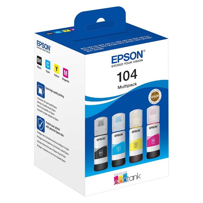 4 bouteilles d'encre Epson 104 pour EcoTank de 65 ml. Encre originale multipack série 104