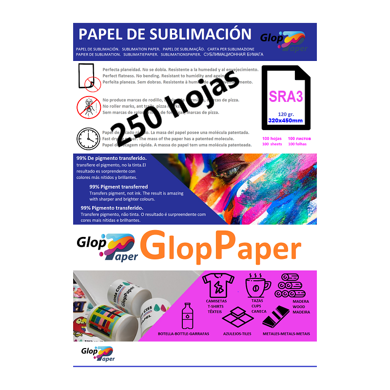Papel de sublimação de secagem rápida GlopPaper 250 folhas SRA3