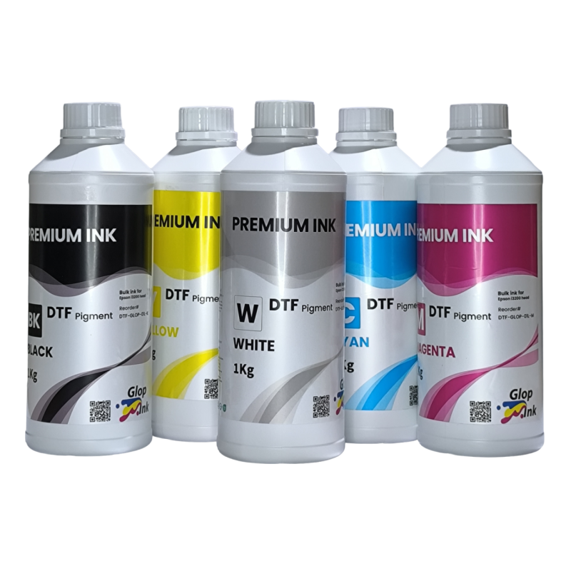 Tintas DTF GlopInk, 5 garrafas de 1 kg. Tinta DTF Branco e cmyk