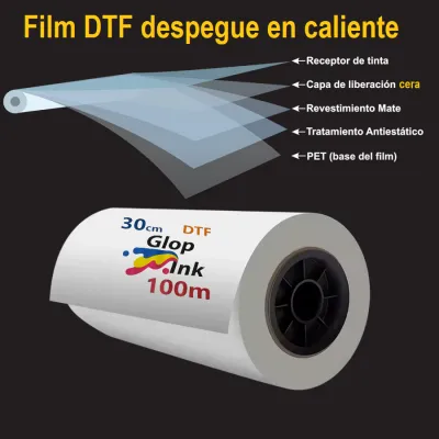 Filme de transferência DTF bobina 30 cm x 100 m, rolo PET destacável a quente GlopInk