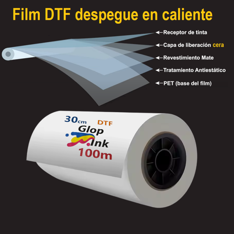 Filme de transferência DTF bobina 30 cm x 100 m, rolo PET destacável a quente GlopInk