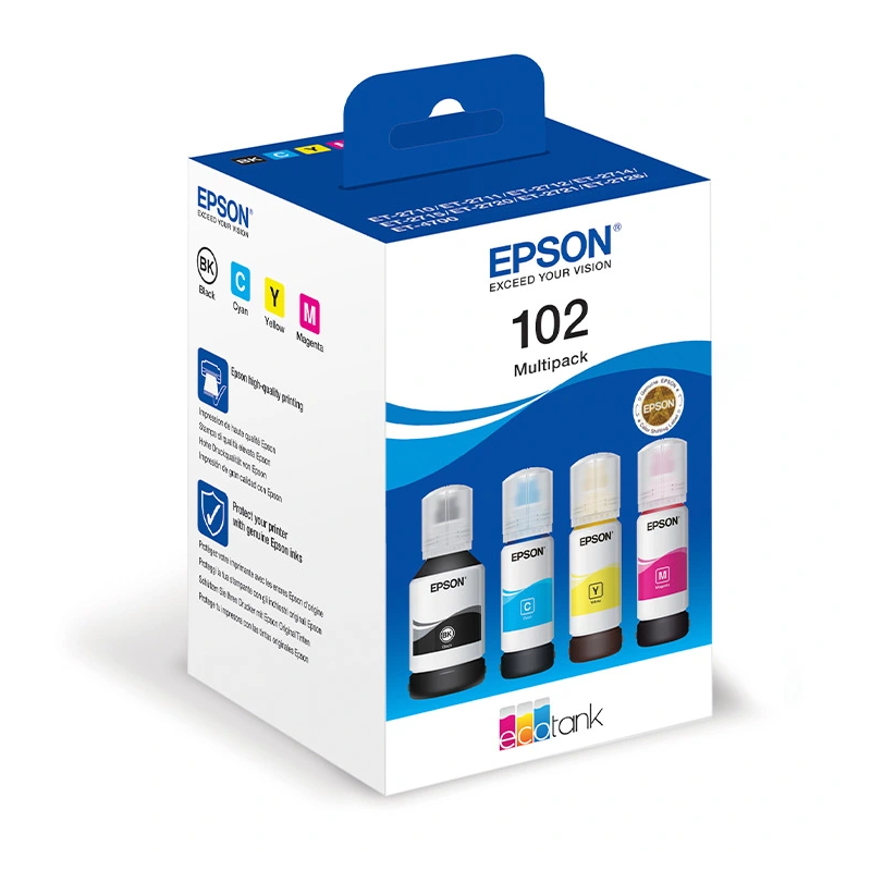 Tinta Epson 102 para EcoTank. Multipack de tinta original com 4 frascos da série 102