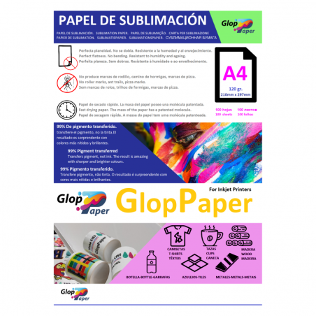 Papier sublimation à séchage rapide GlopPaper 100 feuilles A4