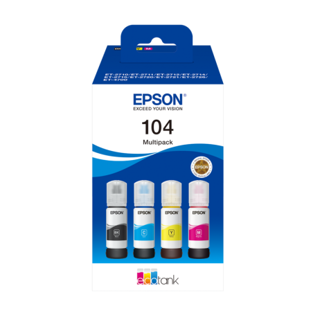 4 botellas de tinta Epson 104 para EcoTank de 65 ml. Tinta original multipack 104